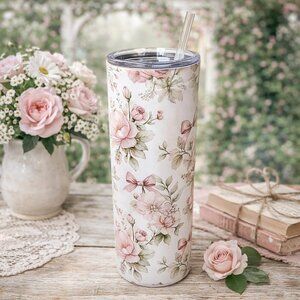 Pink Floral Cottagecore 20 oz Skinny Tumbler | Vintage Roses Bow Aesthetic